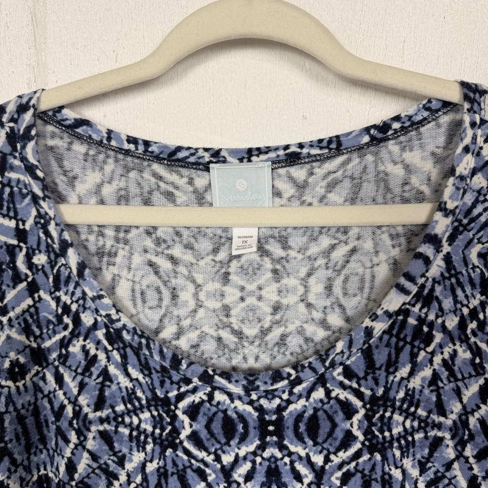 Sunday Womens Top Size 1X French Terry Blue Relaxed Fit Casual Boho Maximalist - Picture 2 of 14